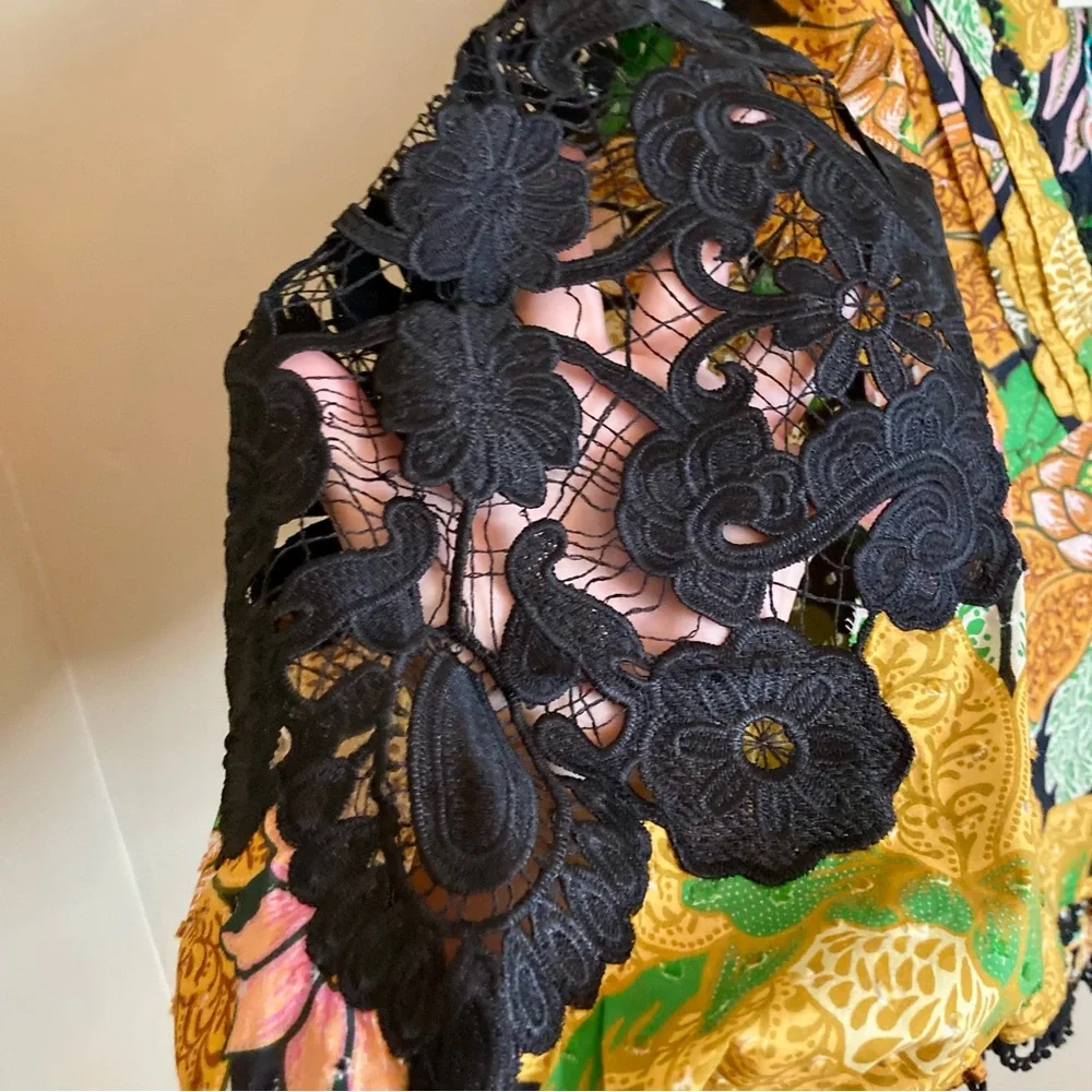 NEW Farm Rio Black Garden Puff Sleeve Blouse Tropical Floral Lace Inset Size S